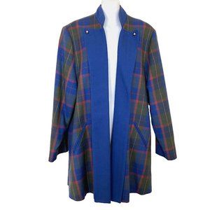 Avoca Blue Plaid Wool 3/4 Length Open Front Blazer Jacket Vintage Madein Ireland